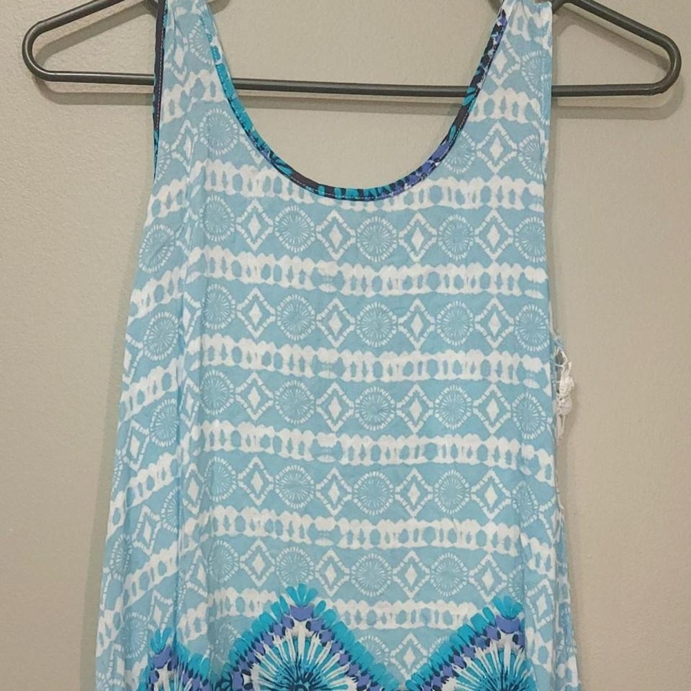 Blue & White boho top with crochet trim and split back